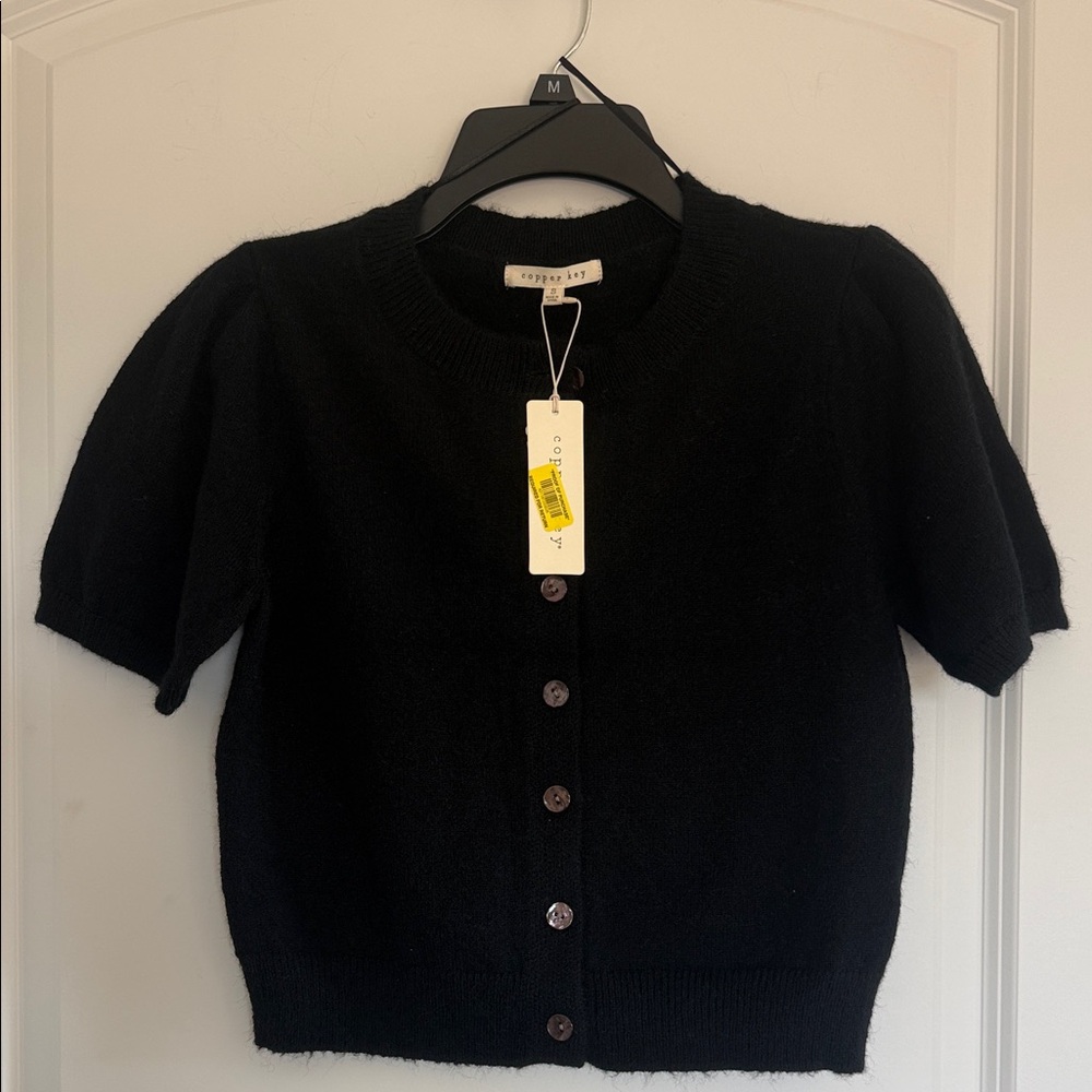 Copper Key Black Short-Sleeve Button Cardigan